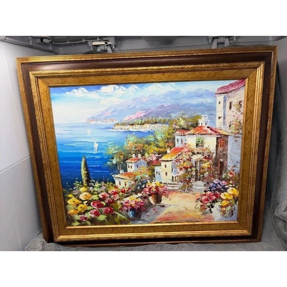 Original Mediterranean Coastal Landscape Oil on Canvas Painting